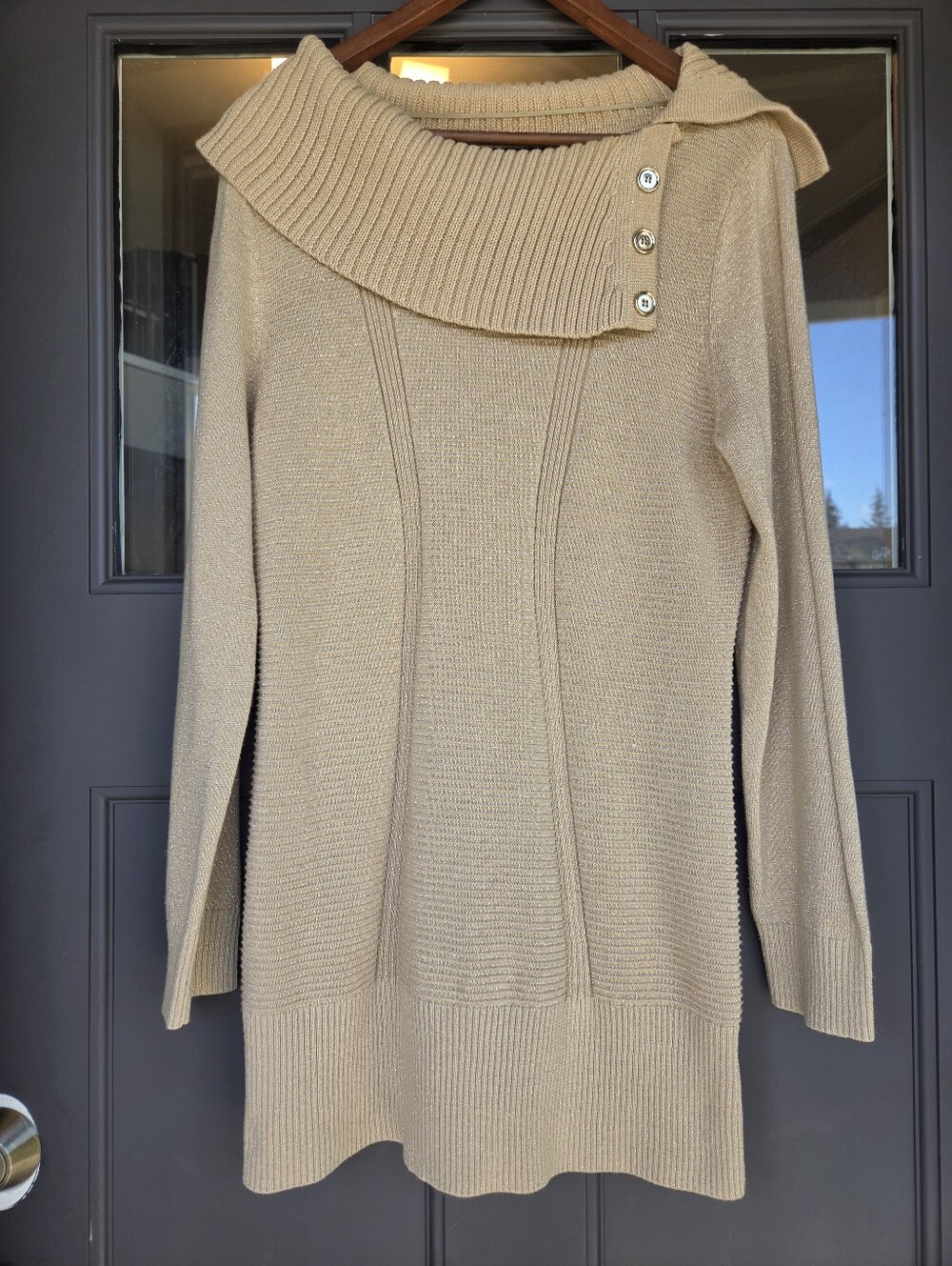 Style & Co. Gold Shimmer Cable Knit Cowl Neck Tunic Sweater Dress Size L